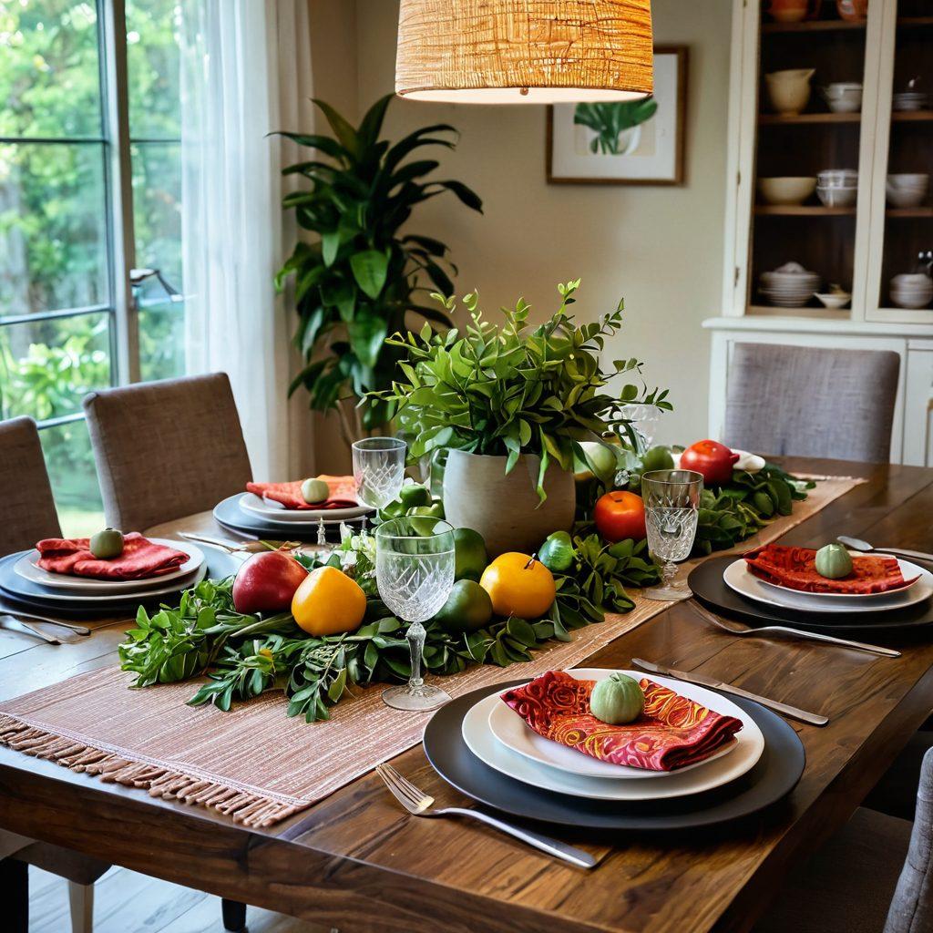 A beautifully set dining table with elegant Chiliwich textiles as the centerpiece, surrounded by lush greenery and soft ambient lighting. Include various table settings featuring intricate woven placemats, colorful napkins, and stylish dinnerware. In the background, showcase a cozy living space with stylish Chiliwich home accessories and decor elements that reflect modern aesthetics. Capture the warmth and sophistication of home styling in a welcoming atmosphere. super-realistic. vibrant colors. soft focus.