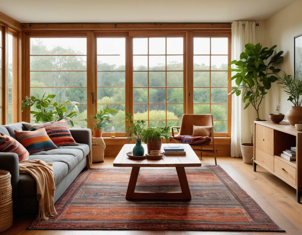 A modern living room featuring stylish Chiliwich textiles, such as woven placemats and rugs, beautifully displayed against a backdrop of sustainable wood furnishings. Natural light streams through large windows, highlighting the eco-friendly design elements, while potted plants add a touch of greenery. The scene embodies a blend of contemporary style and sustainability, inviting readers to embrace environmentally-conscious home decor. vibrant colors. super-realistic.