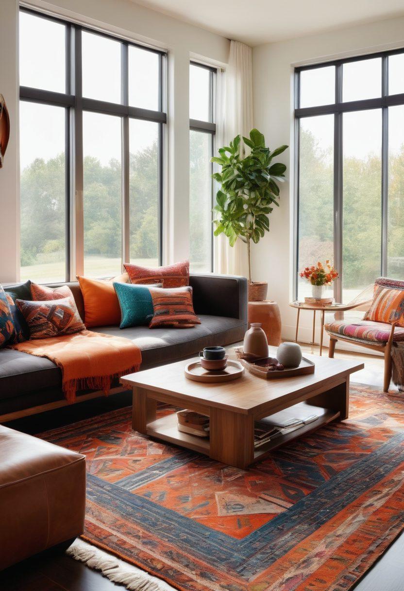 A modern living room featuring Chiliwich textiles with bold geometric patterns, harmoniously blended with trendy home decor items like a stylish rug and elegant cushions. Natural light filtering through large windows enhances the vibrant textures and colors. Include a chic coffee table with decorative objects showcasing the essence of elevated home aesthetics. super-realistic. vibrant colors. bright and airy atmosphere.